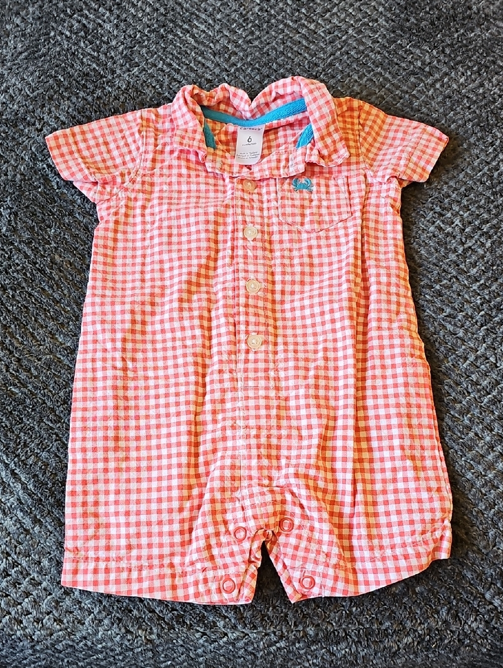 Carter's Baby Boy Orange & White Gingham Checkered Romper 6M